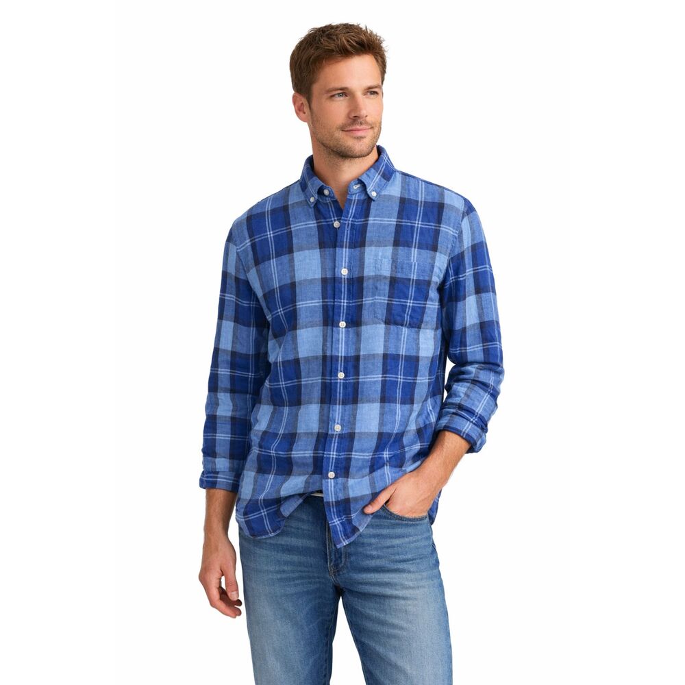 Banana Republic 100% Linen Shirt Blue Plaid Button Down Camden Fit Mens Size L